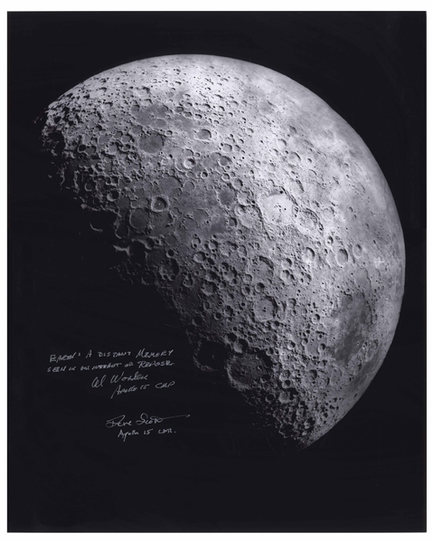 Al Worden & Dave Scott Signed 16'' x 20'' Photo of the Moon -- Worden Additionally Writes His Famous Quote About Seeing Earth From the Moon